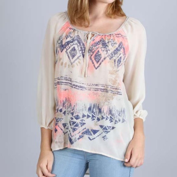 Ivory Print Bohemian Top Sz S - Picture 1 of 8